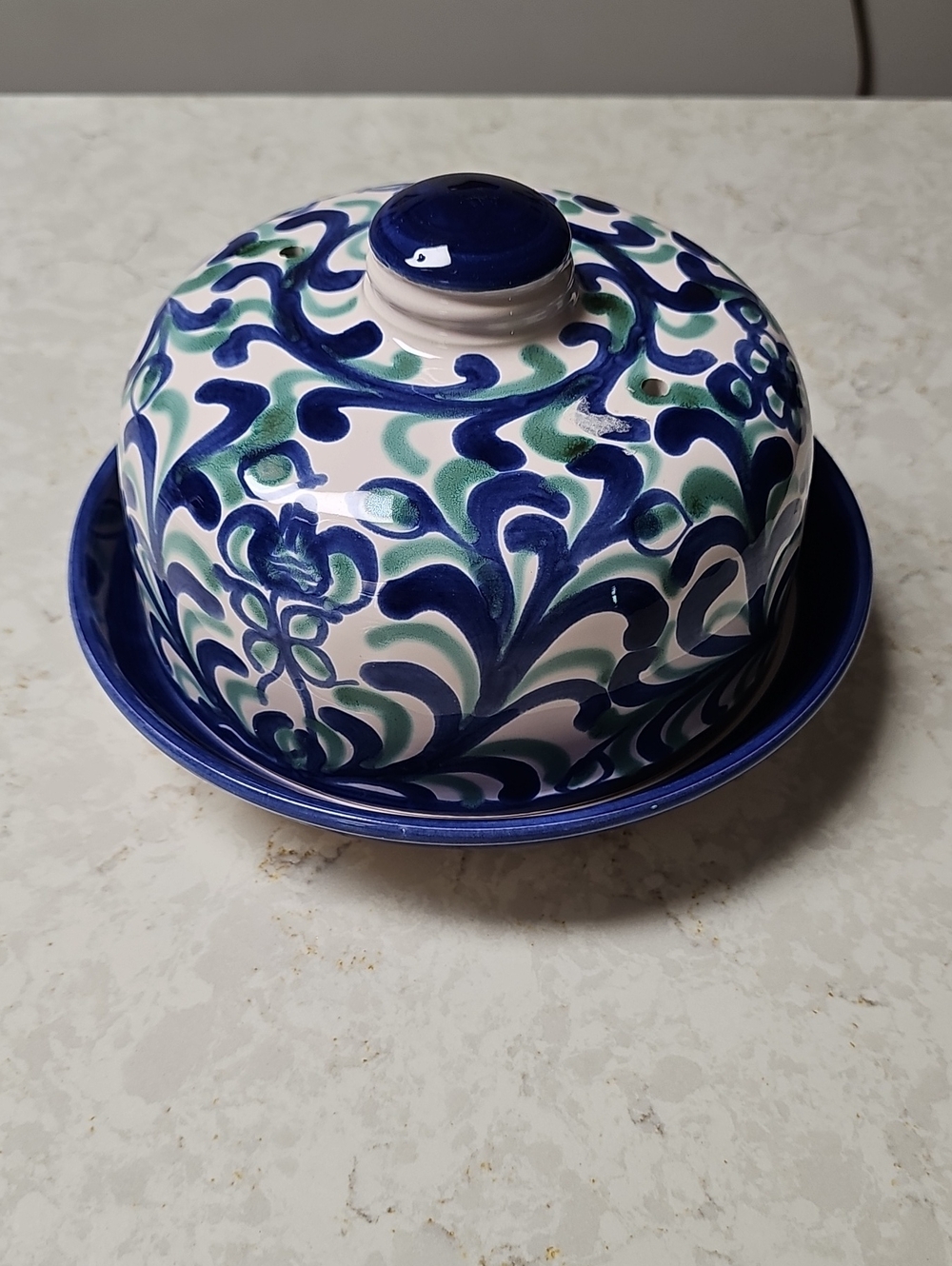Padilla Hand-Painted Blue and Green Ceramic Covered Dish